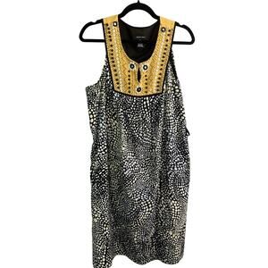 Spense Shift Midi Dress 16 Black Polka Dot Beaded Keyhole Sleeveless Casual Boho